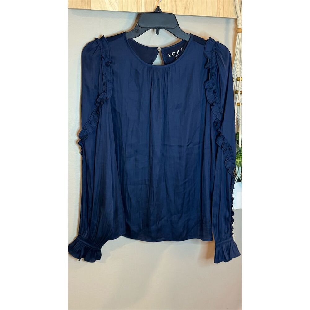 Loft Women's Blue Ruffle Sleeve Blouse NWT Size M